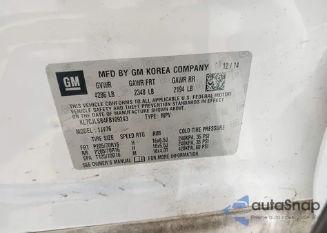 2015 Chevrolet Trax Lt z USA, uszkodzony, nr VIN KL7CJLSB4FB109243